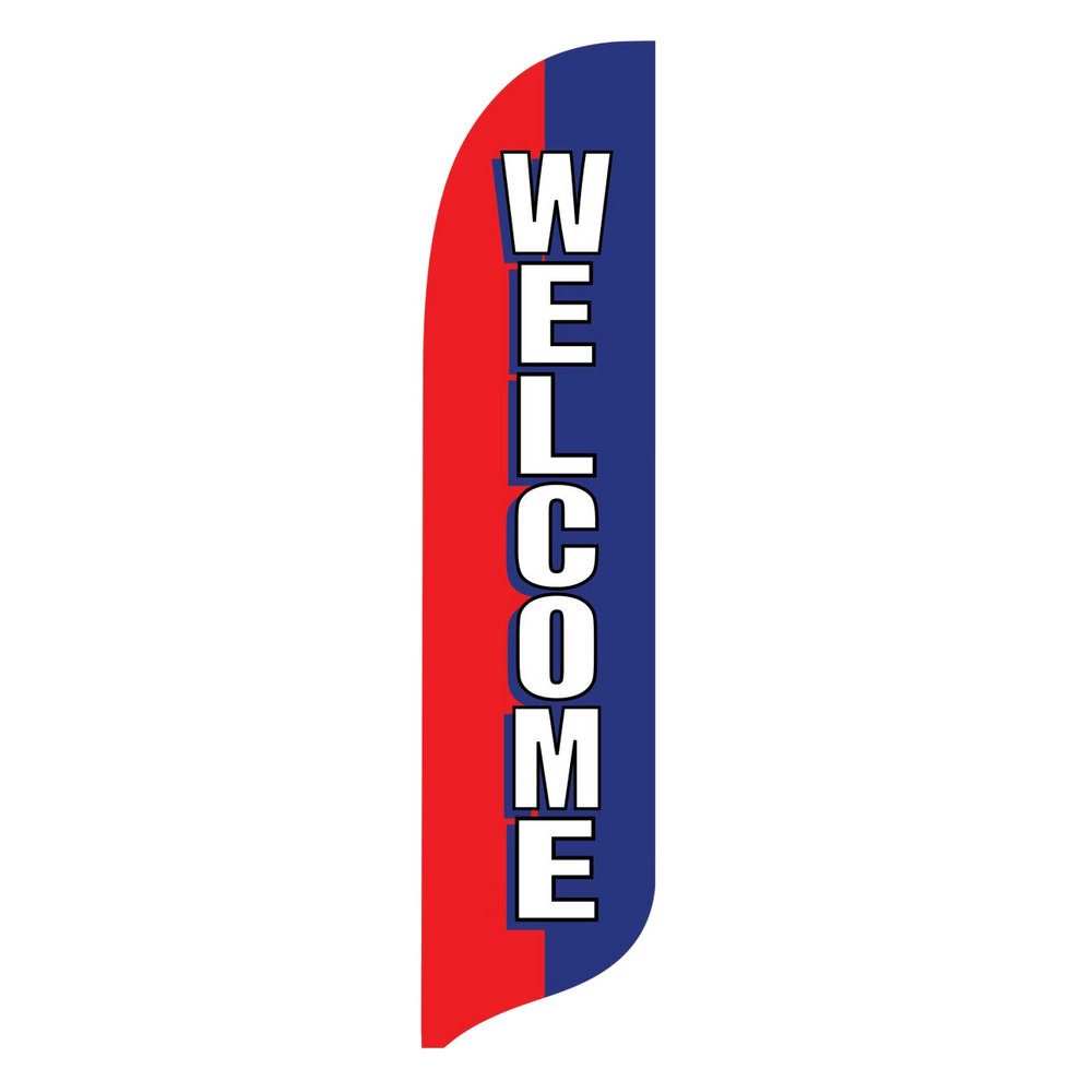 Red and blue feather flag with 'WELCOME' text on a white background