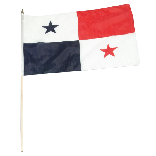 Flag of Panama with one blue block, one red block and two white blocks one with a blue star and one with a red star.