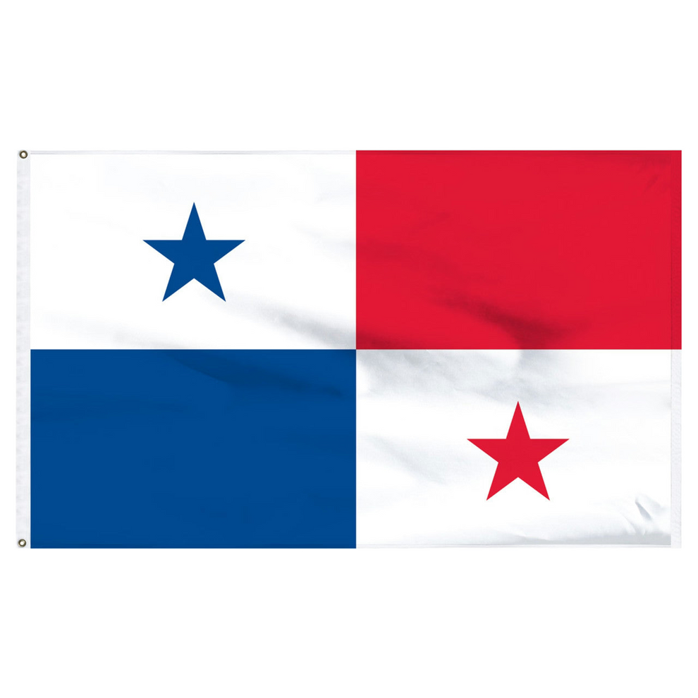 Flag of Panama with one blue block, one red block and two white blocks one with a blue star and one with a red star.