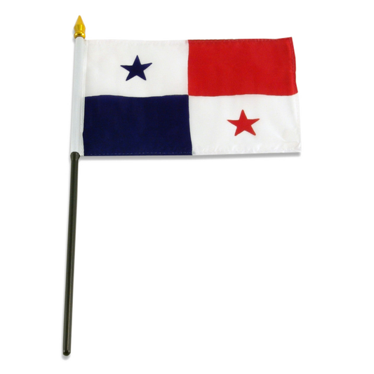 Flag of Panama with one blue block, one red block and two white blocks one with a blue star and one with a red star.
