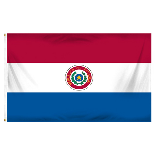 Paraguay flag with red, white, and blue horizontal stripes and a central emblem.