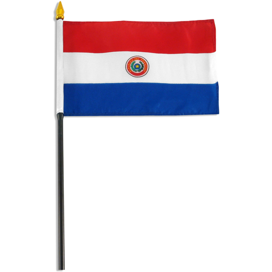 Paraguay flag with red, white, and blue horizontal stripes and a central emblem on a small stick.