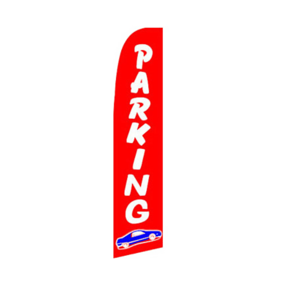 Red feather flag with 'PARKING' text and car icon on a white background