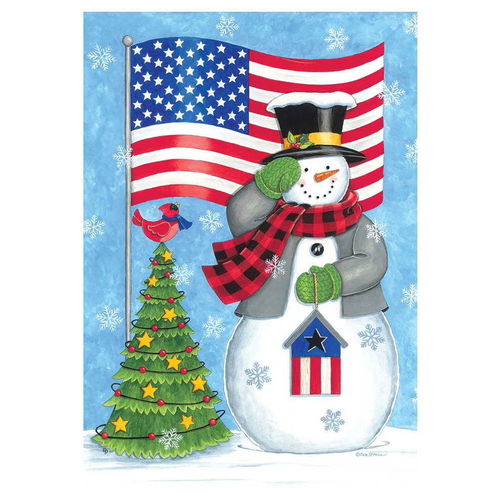 Christmas-themed decorative flag with a snowman, American flag, and Christmas tree on a blue background.