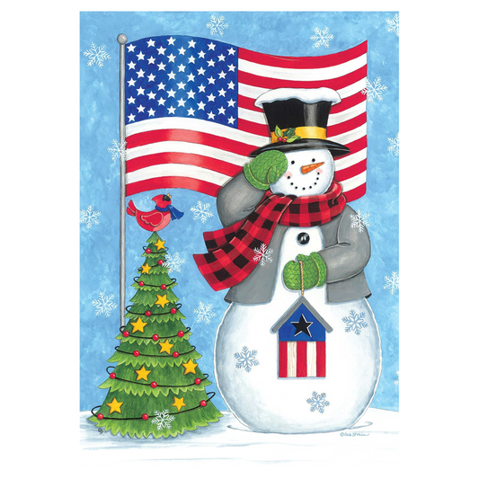 Decorative flag with a snowman with American flag and Christmas tree on a blue background