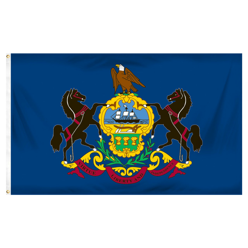 State of Pennsylvania with two black horses, an eagle, and a gold emblem with an image of a large sailboat ship on a blue canvas.