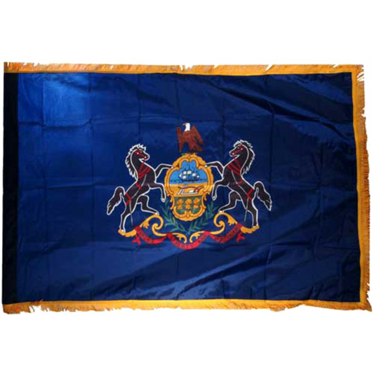 Pennsylvania flag with a coat of arms featuring an eagle and horses on a blue background