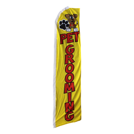 Yellow feather flag with 'Pet Grooming' text and a dog graphic on a white background
