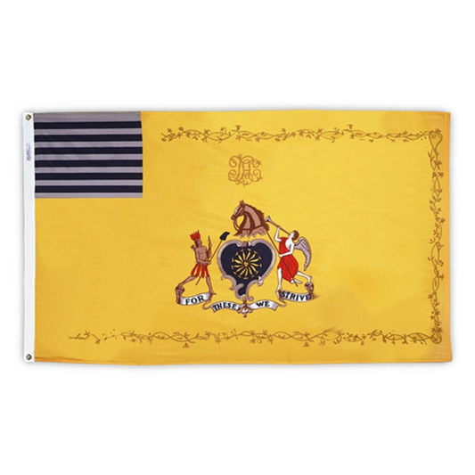 Flag with a yellow background and emblematic design on a white background