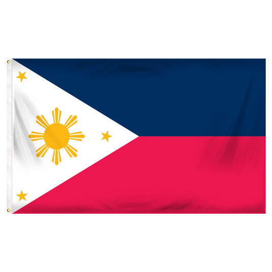 Flag of the Philippines with a blue, white, and red background featuring a yellow sun and stars.
