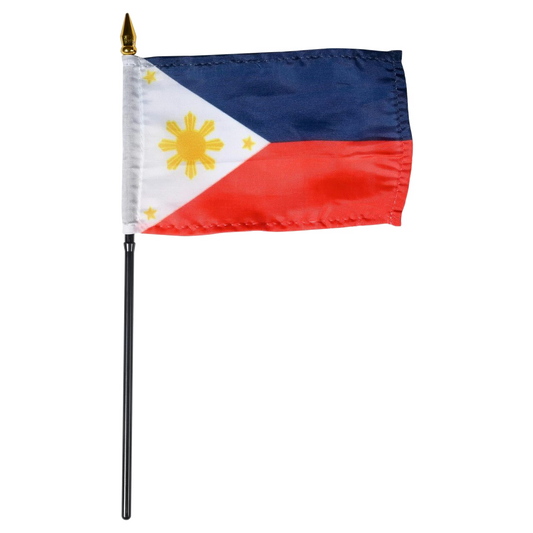 Flag of the Philippines with a blue, white, and red background featuring a yellow sun and stars.