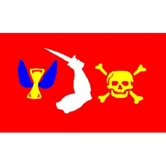Flag with symbols including a skull and crossbones, a sword, and a blue and red emblem on a red background.