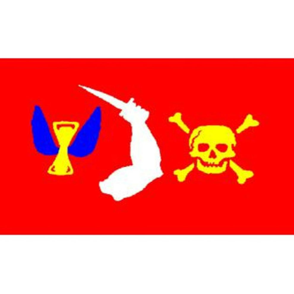 Flag with symbols including a skull and crossbones, a sword, and a blue and red emblem on a red background.