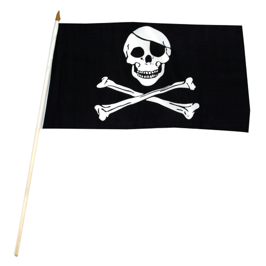 Pirate flag with a skull and crossbones on a stick.