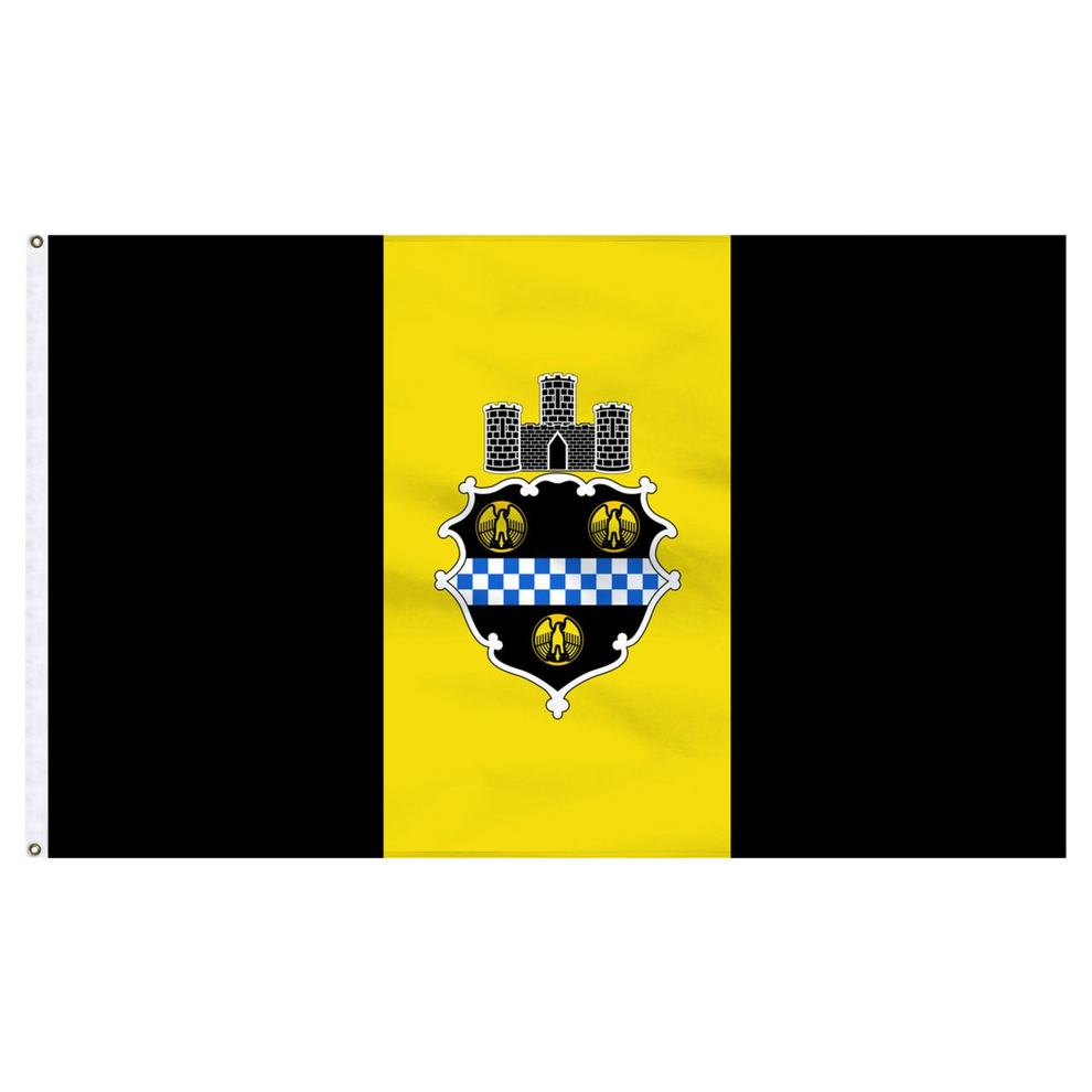 City of Pittsburg flag with black and yellow stripes and a central emblem featuring castles and a checkered pattern.