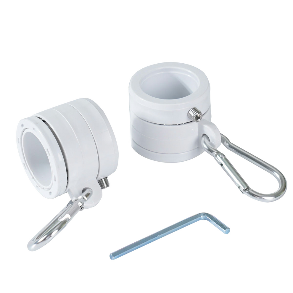 Two white flag mounting rings featuring metal clamps with carabiners and a wrench on a white background