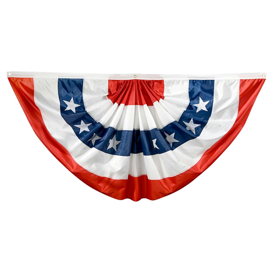 Decorative flag with red, white, and blue colors on a white background