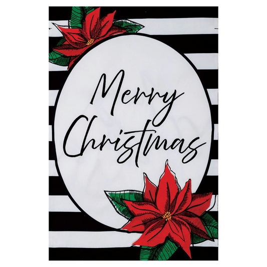 Christmas decorative garden flag with 'Merry Christmas' text, poinsettia flowers, and black and white striped border.