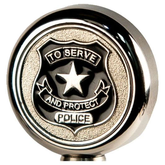 Police “To Serve and Protect” emblem on a round chrome base.