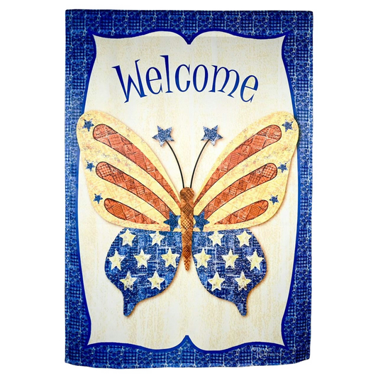 Decorative welcome sign with butterfly design featuring American flag colors on a blue background.
