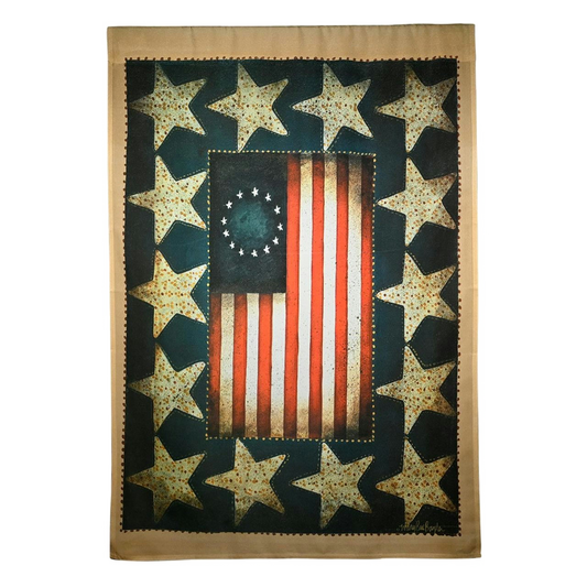 Decorative vintage-style American flag with stars on a black background