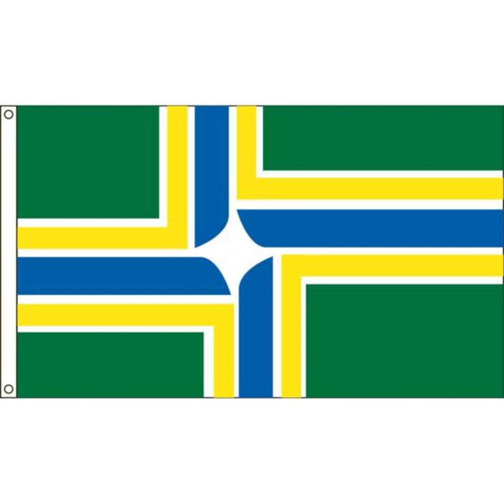 Portland city flag with green, yellow, and blue cross design on a white background