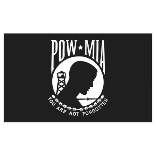 POW MIA flag with silhouette of a prison tower and chain, featuring text 'You Are Not Forgotten' on a black background.