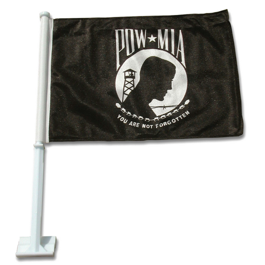 Black POW/MIA car flag with white emblem and text on a white background