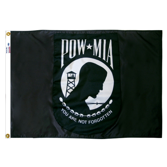 Black POW/MIA flag with white emblem and text on a white background