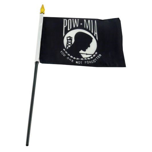 Black POW MIA stick flag with white emblem and text on a white background