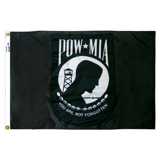 Black POW/MIA flag with white emblem and text on a white background