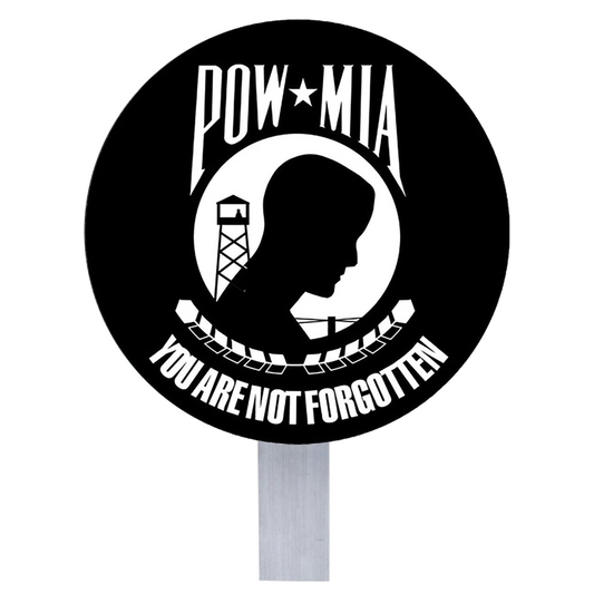 POW*MIA symbol grave marker with silhouette of a prison guard and text 'You Are Not Forgotten' on a white background.