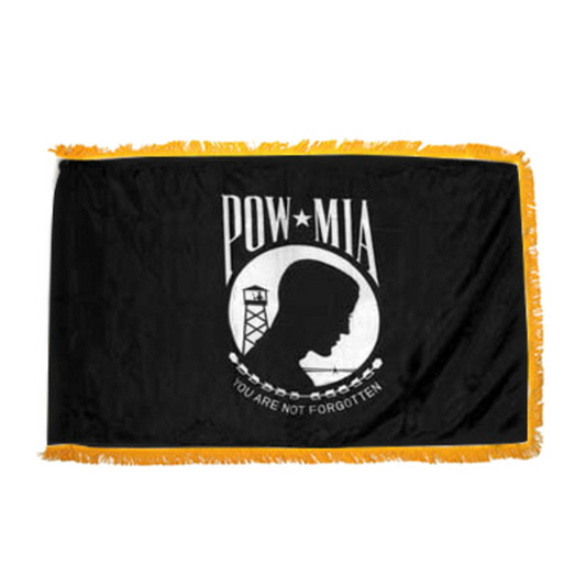 Black POW/MIA flag with yellow fringe on a white background