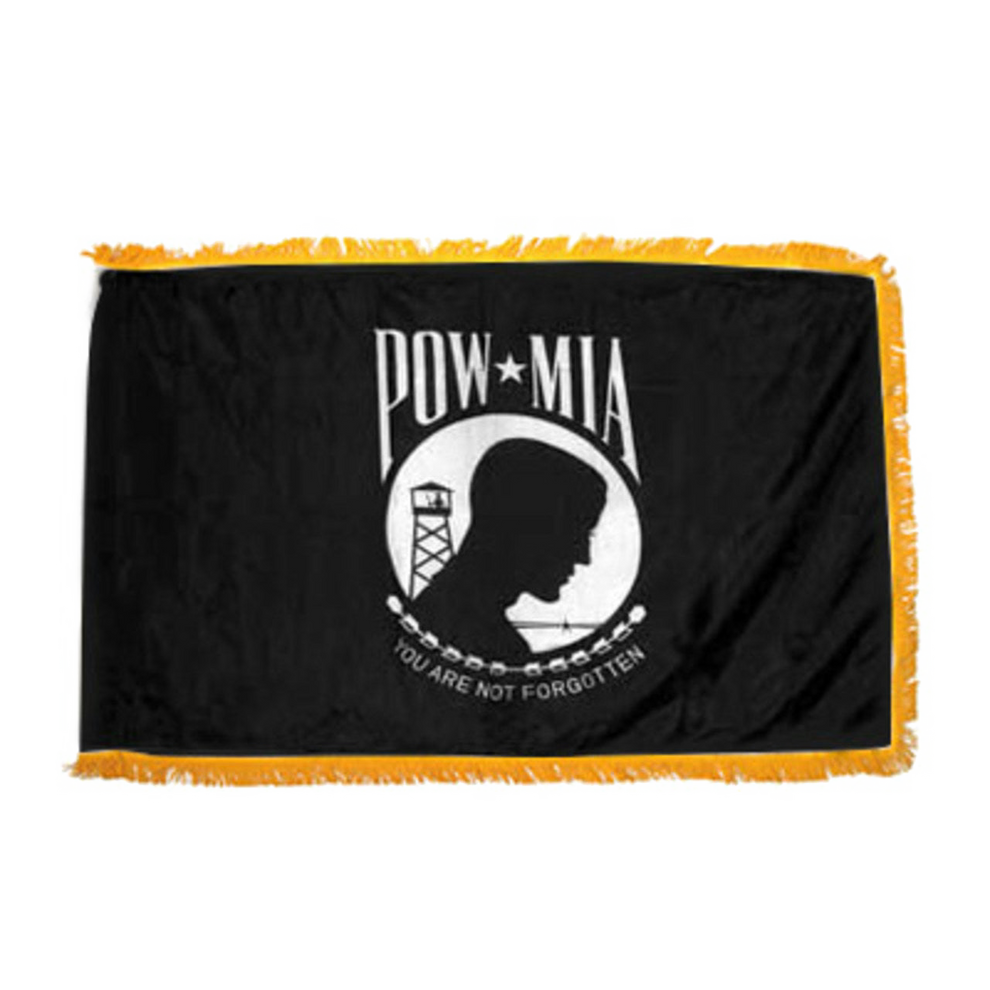 Black POW/MIA flag with yellow fringe on a white background