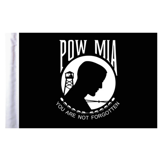 Black motorcycle flag with POW MIA emblem featuring a silhouette of a person and a tower.