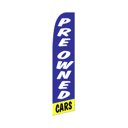Blue feather flag with 'Pre Owned Cars' text on a white background