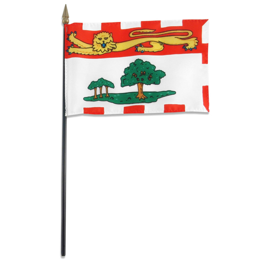 Prince Edward Island small hand-painted flag on a black spear-like pole, featuring a red and white checkered border, a yellow lion, and green trees on a white field.