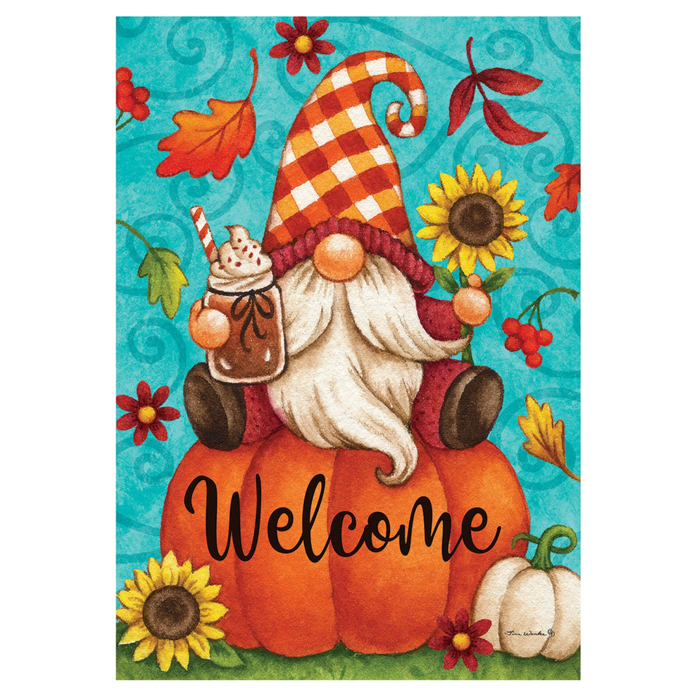 Decorative flag with a gnome on a pumpkin, sunflowers, and leaves against a blue background.