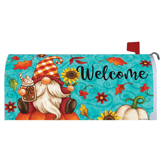 Decorative mailbox cover with a gnome, pumpkins, and 'Welcome' text on a blue background.