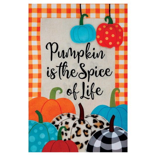 Decorative sign with colorful pumpkins and text on a checkered background