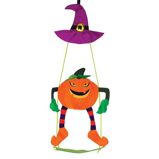 Halloween-themed pumpkin character with a purple witch hat on a white background