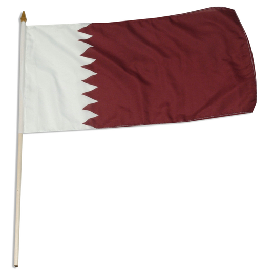 The national flag of Qatar, featuring a vertical white band on the left and a larger maroon area on the right, separated by a serrated line of nine white points.