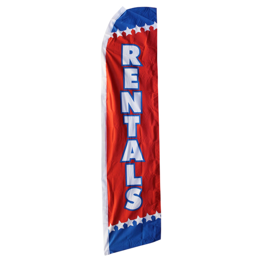 Red and blue feather flag with 'Rentals' text on a white background
