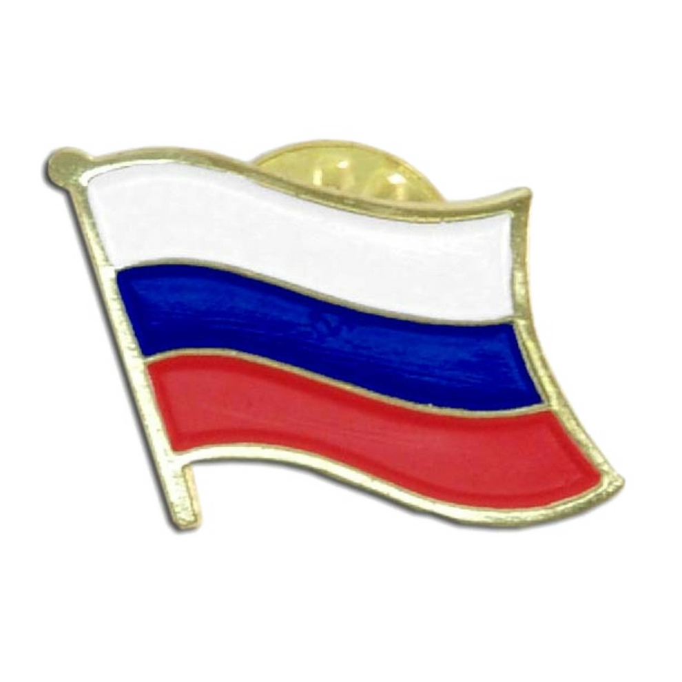 Russian Federation flag pin with white, blue, and red colors on a gold background