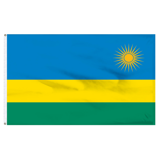 National flag of Rwanda featuring horizontal blue, yellow, and green stripes with a yellow sun in the upper right corner.