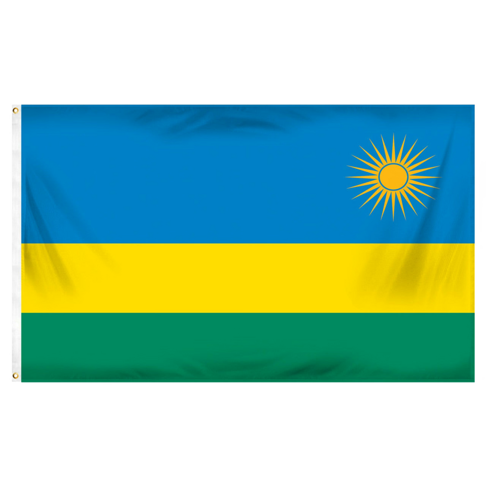 Rwanda flag with blue, yellow, and green horizontal stripes and a sun emblem on a white background