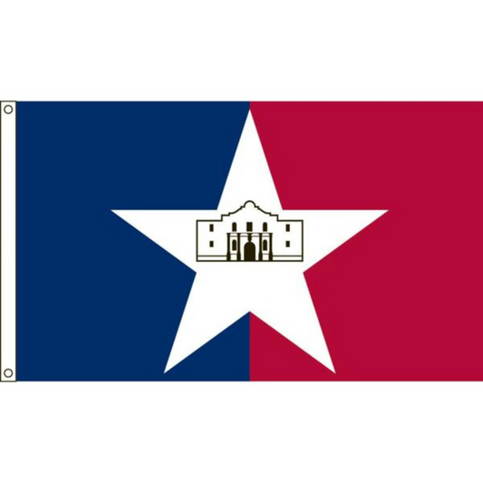 City of San Antonio flag with blue, white, and red design featuring a white star with a building silhouette.
