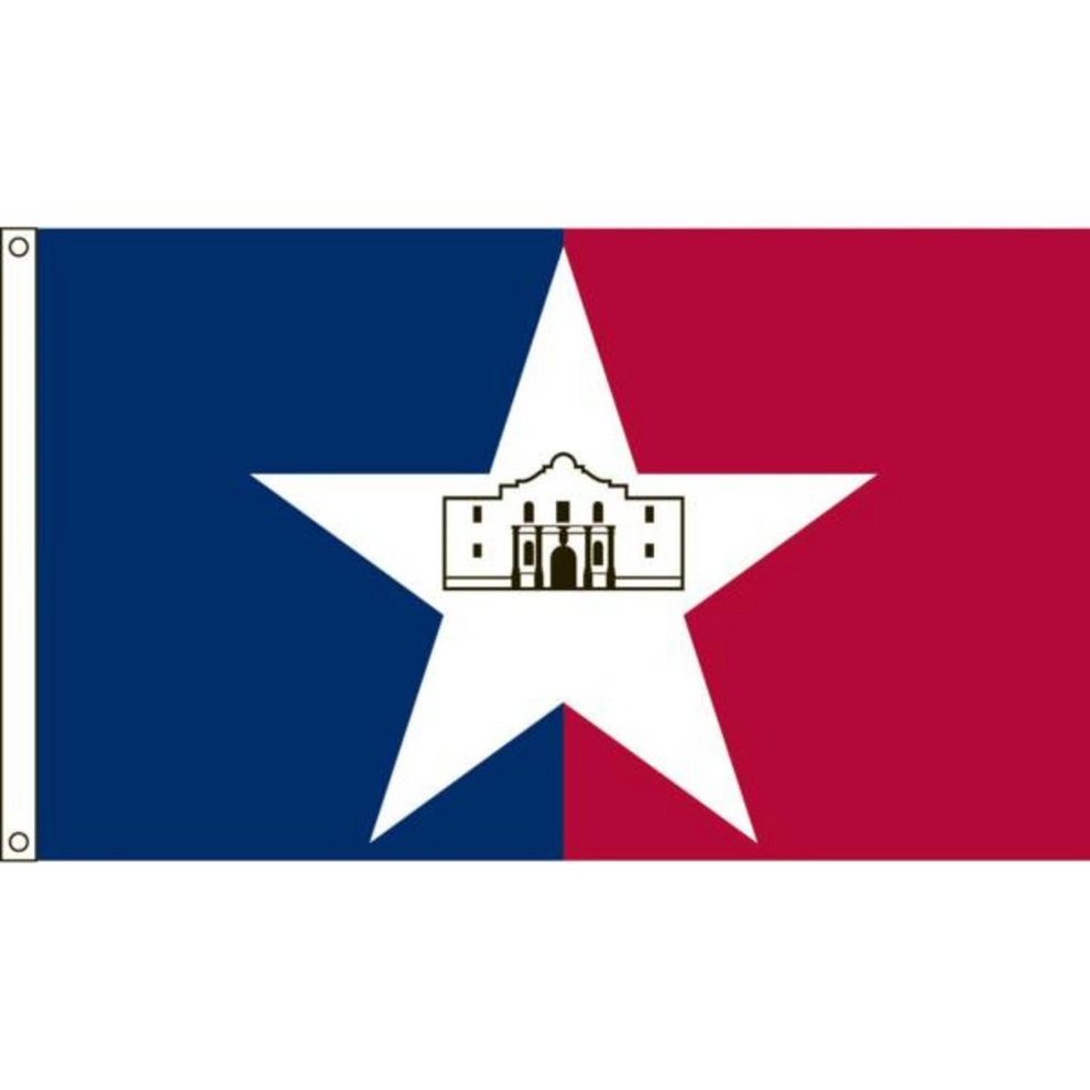 City of San Antonio flag with blue, white, and red design featuring a white star with a building silhouette.