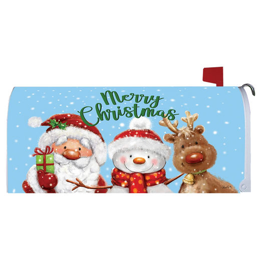 Christmas-themed mailbox cover with Santa, snowman, and reindeer against a blue snowy background.