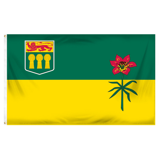 Saskatchewan flag with green and yellow horizontal stripes featuring a floral design on a white background